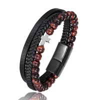 new stainless steel leather bracelet 6mm natural tiger eye stone beads bracelet fashion wrist band hematite cross steel bracelet