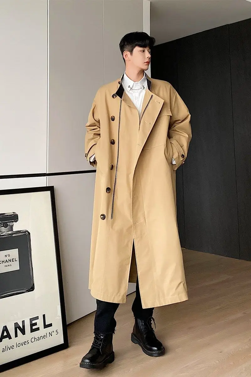 

IEFB Men's Minimalist Long Trench Coat Simple Stand Collar Asymmetric Color Block Patchwork Inside Collar Windbreaker Fall Y4696