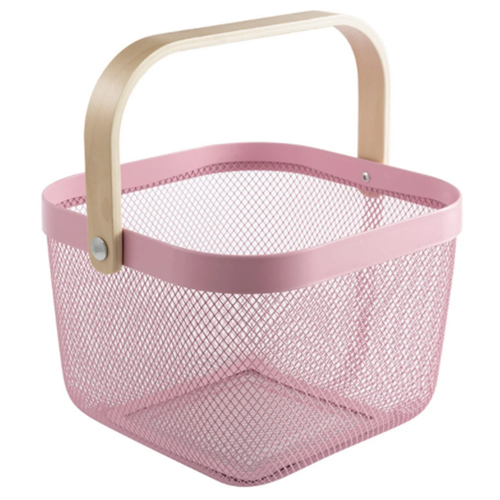

1 Pcs Multi-functional Hanging Storage Organizer Mesh Steel Fruit Basket Bin with Wood Handle for Home Storage Organizer