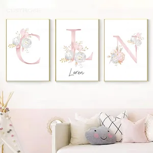 Постер с именем на заказ, персонализированная Цветочная буква, Художественная печать на холсте, детская Настенная картина для детской комнаты, украшение для спальни