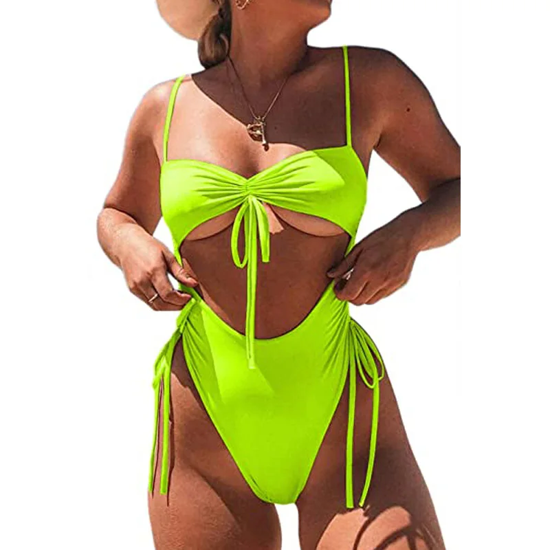 

2021 One Piece Swimsuit Cut Out Swimwear Women Push Up Swimwear Neon Bandeau High Waist Vintage Retro Bathing Suit Swim Wear