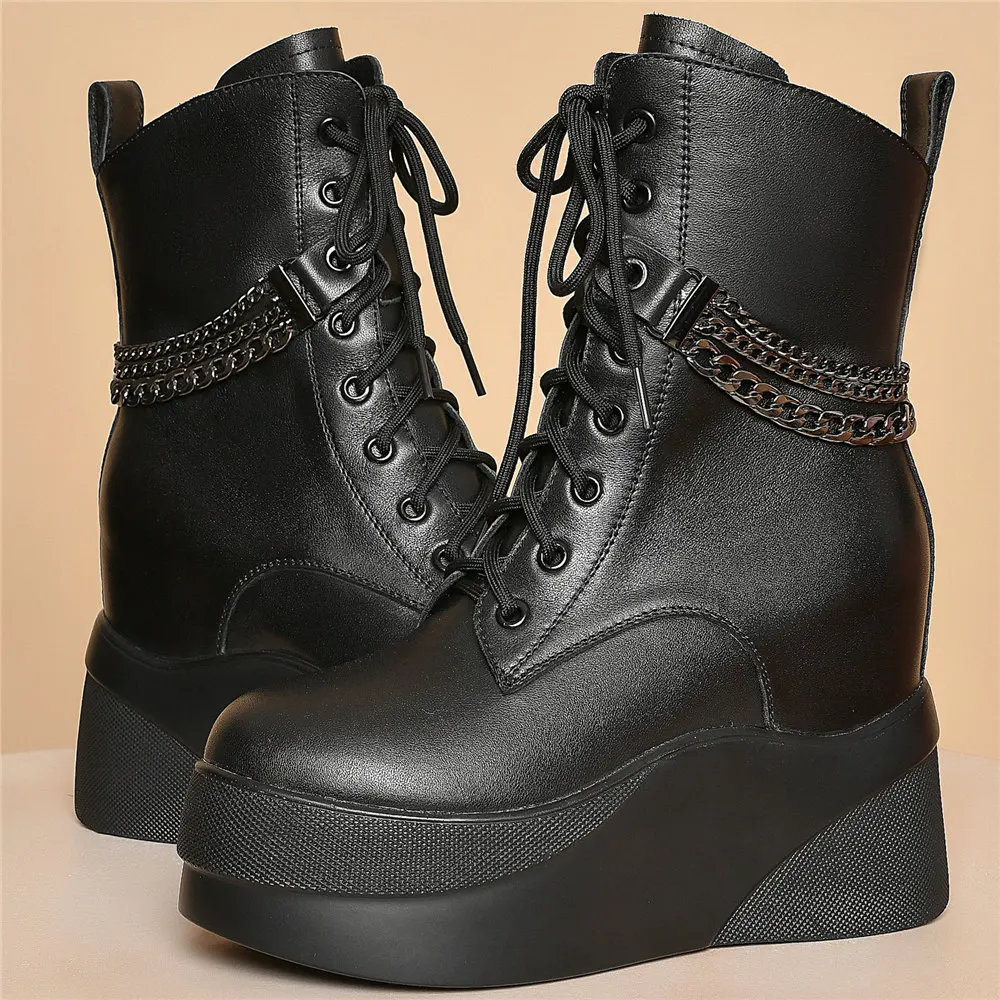 Fashion Sneakers Women Lace Up Genuine Leather High Heel Motorcycle Boots Female Winter Chunky Platform Pumps Shoes Casual Shoes
