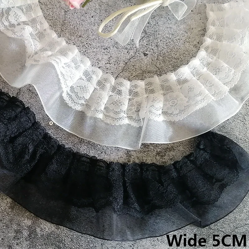 

5CM Wide White Black Double Layers Organza 3d Pleated Fabric Embroidered Fringe Ribbon Ruffle Trim Dress Guipure Sewing Decor