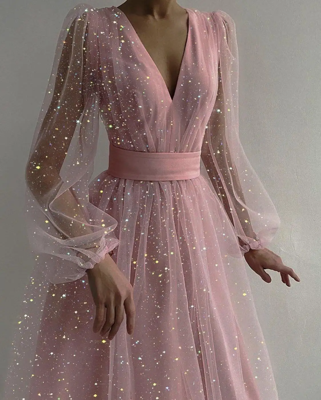 

BKLD Fashion Sequined Mesh Sexy Club Outfits Long Sleeve V Neck A-Line Knee Length Evening Party Dresses For Women 2021