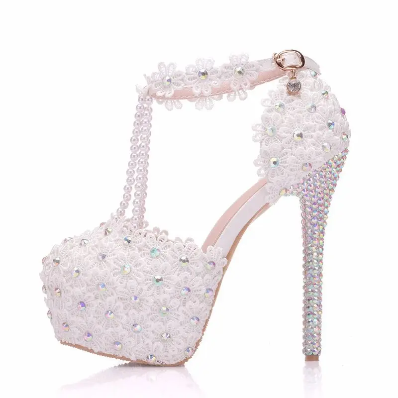 

women sandals wedding Party Lace PU Rhinestones Buckle Strap 14CM Thin High heels Round Toe waterproof women shoes size 35-42