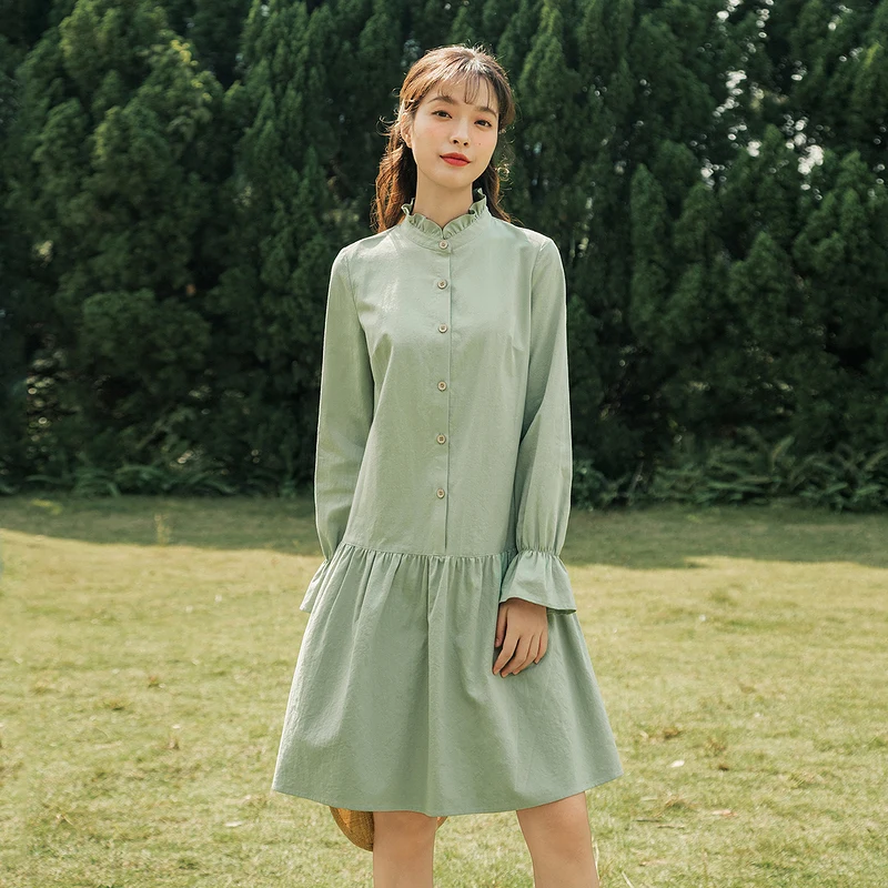 

INMAN Spring Autumn Women's Sweet Cute Fungus Collar Long Sleeve Dress Trumpet Sleeve Lotus Leaf Hem Cute And Young One Piece