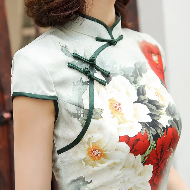 2020 новый длинный Шелковый Чонсам со стоячим воротником Ретро Стиль ежедневное