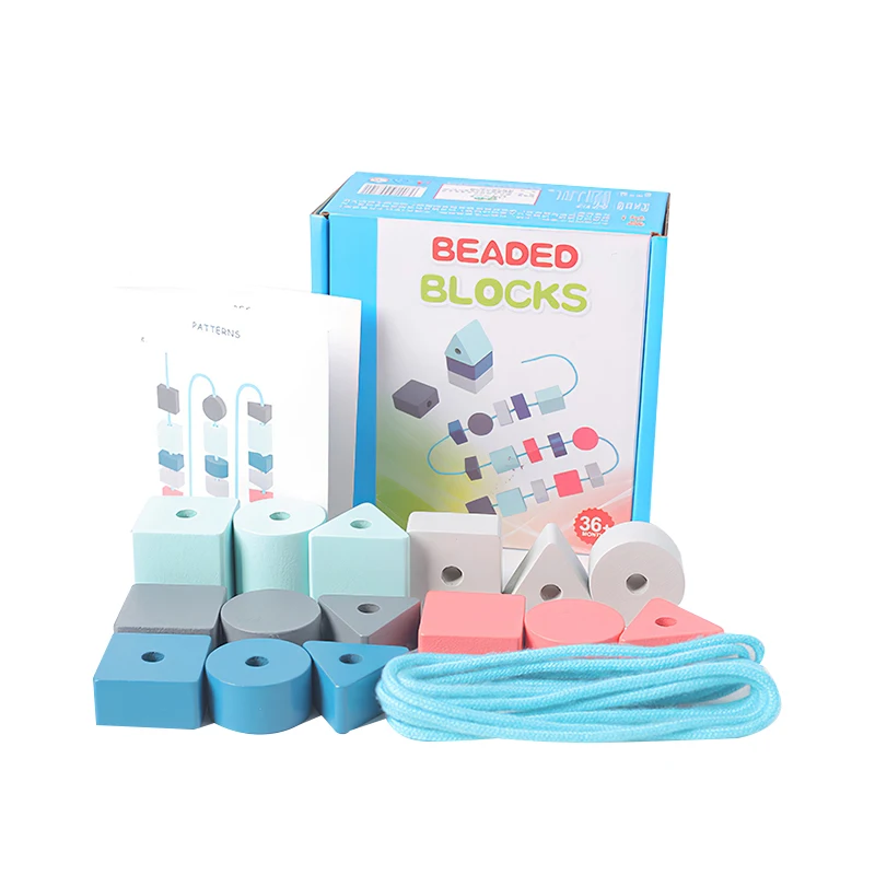 

Educational Toy Wooden Building Blocks Toy Geometric Shape Block Stringing Game Colorful Stringing Block Toy With Pattern Card