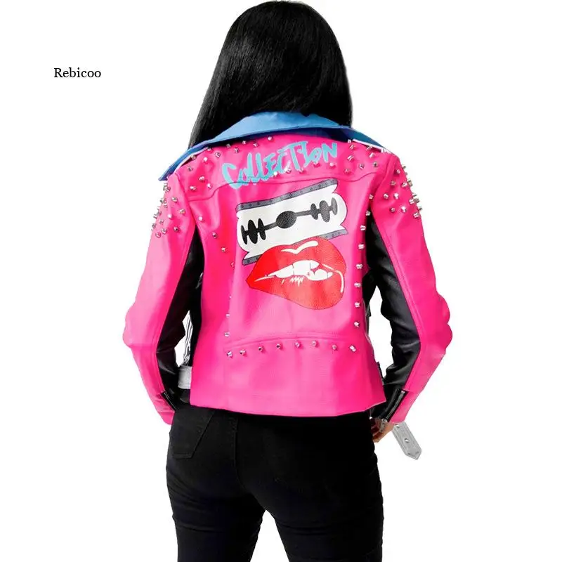 New Autumn Women Pu Leather Jacket Ladies' Zipper Belt Rivet Short Coat Female Color Patchwork Punk Bomber Faux Leather Outwear