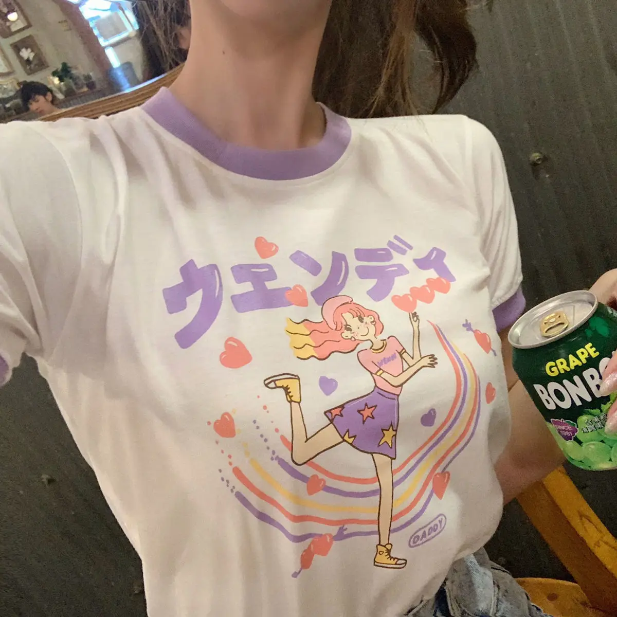 Эстетический Harajuku футболка каваи кроя Радуга для девочек с принтом в Корейском