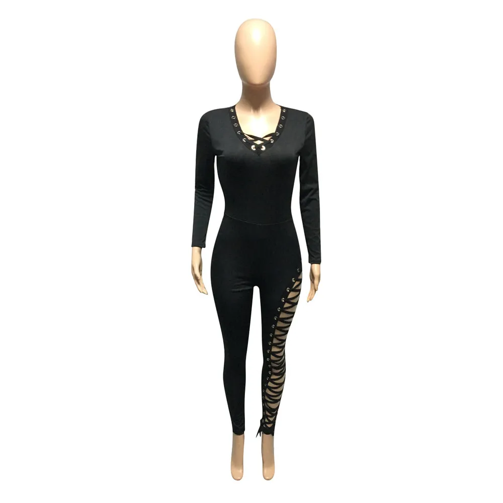 Sexy Jumpsuit Clubwear Party Romper Women V-neck Long Sleeve Cross Lace Up Hollow Out Bodycon Bandage Jumpsuit Club Outfits