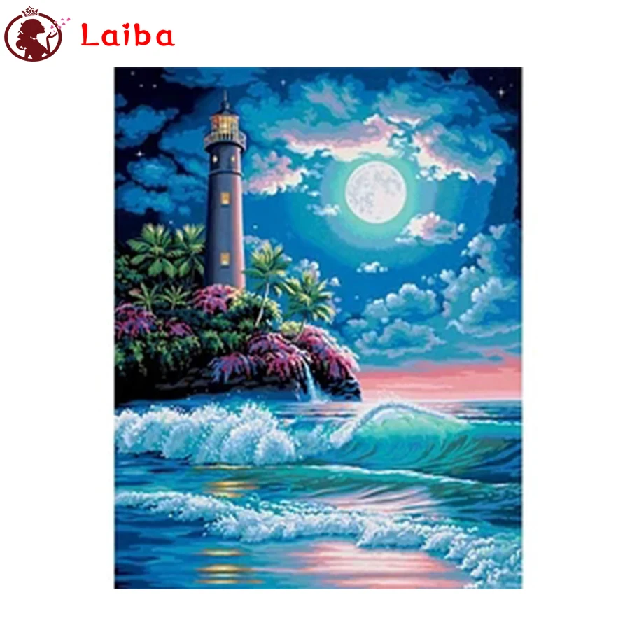 

full Diy diamond painting Abstract art, moonlight beach lighthouse landscape picture rhinestones embroidery diamond