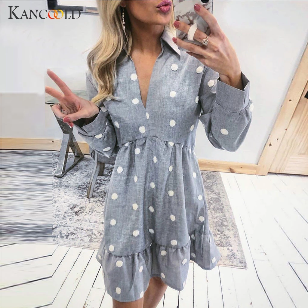 KANCOOLD dress Women Dot Printing V Neck Long Sleeve Dress Mini Evening Party Empire Ruffles fashion new women 2019jul26 | Женская