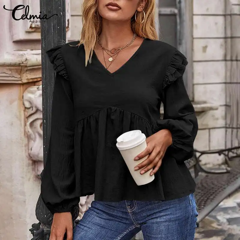 

Celmia Women Puff Long Sleeve Blouses Autumn 2022 Ruffle Pleated Hem Peplum Tops Elegant V Neck Solid Tunics Casual Loose Shirts