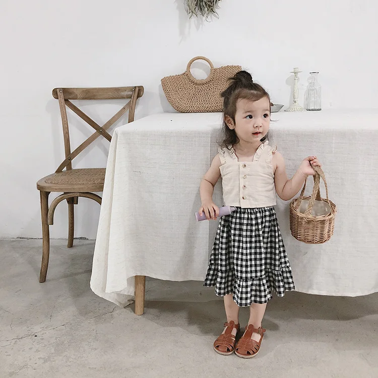 Летний модный жилет для маленьких девочек + клетчатая юбка костюмы из 2 предметов