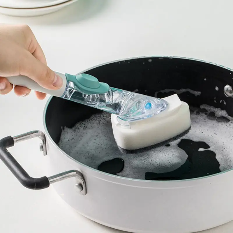 

2 in1 Long Handle Cleaning Brush with Removable Brush Head Soap Dispenser Wash Cup Sponge Brush Durable Kitchen Cleaning Tool