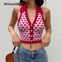 heyoungirl heart print sleeveless halter knit crop tops ladies sexy backless tanks camis women vest summer knitwear streetwear