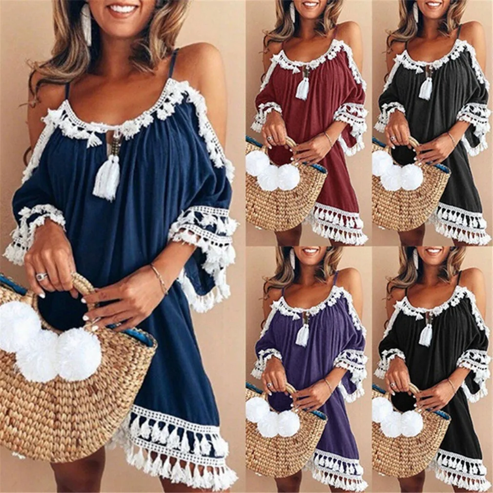 

2021 Beach Dress Women Off Shoulder Dress Tassel Short Cocktail Party Beach Dresses Sundress Sexy Vestidos Playa Robe De Plage