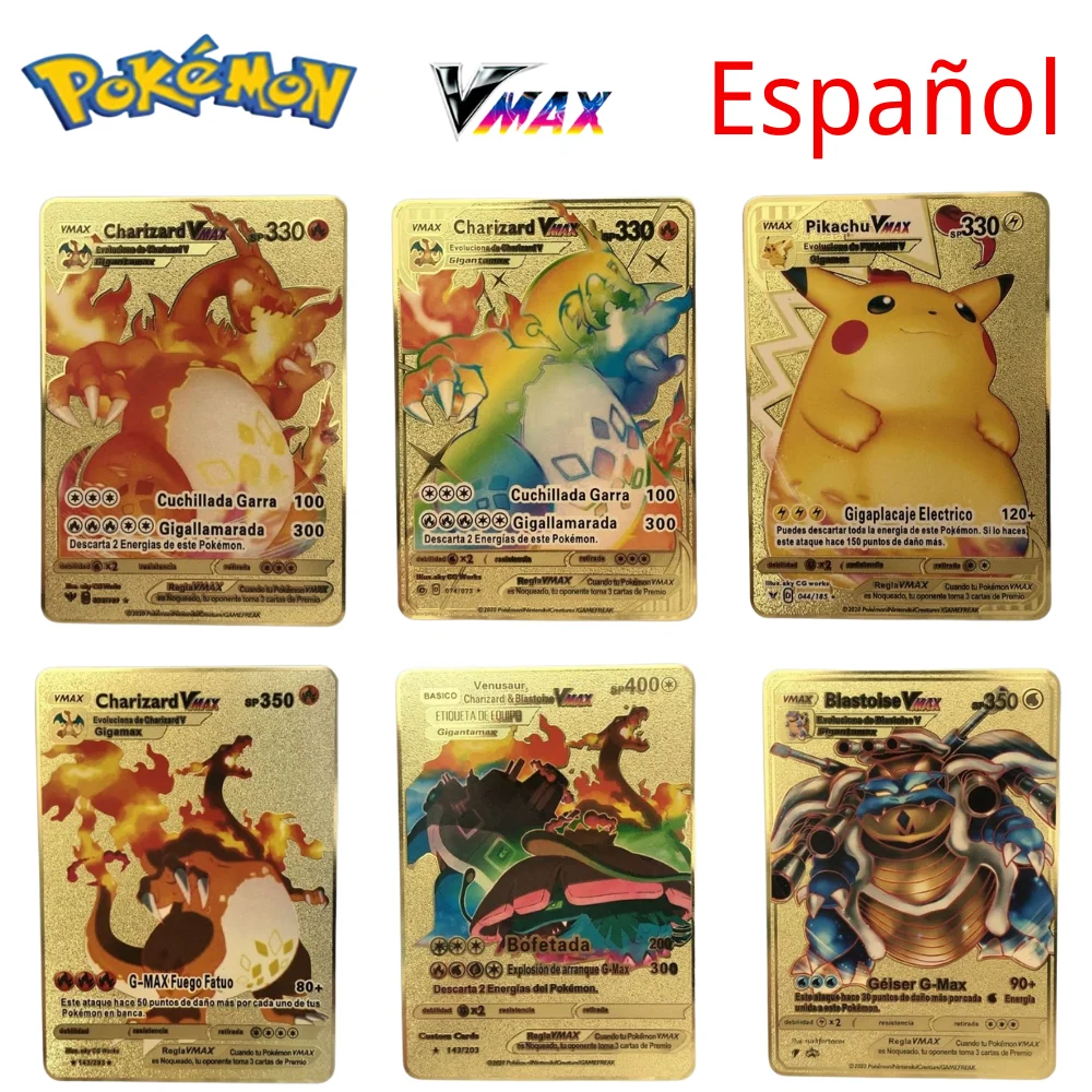 

6 Pcs Pokemon Metall Map Pikachu Charizard Mewtwo GX EX Vmax Game Battle Trading Card Pokemon English Spanish