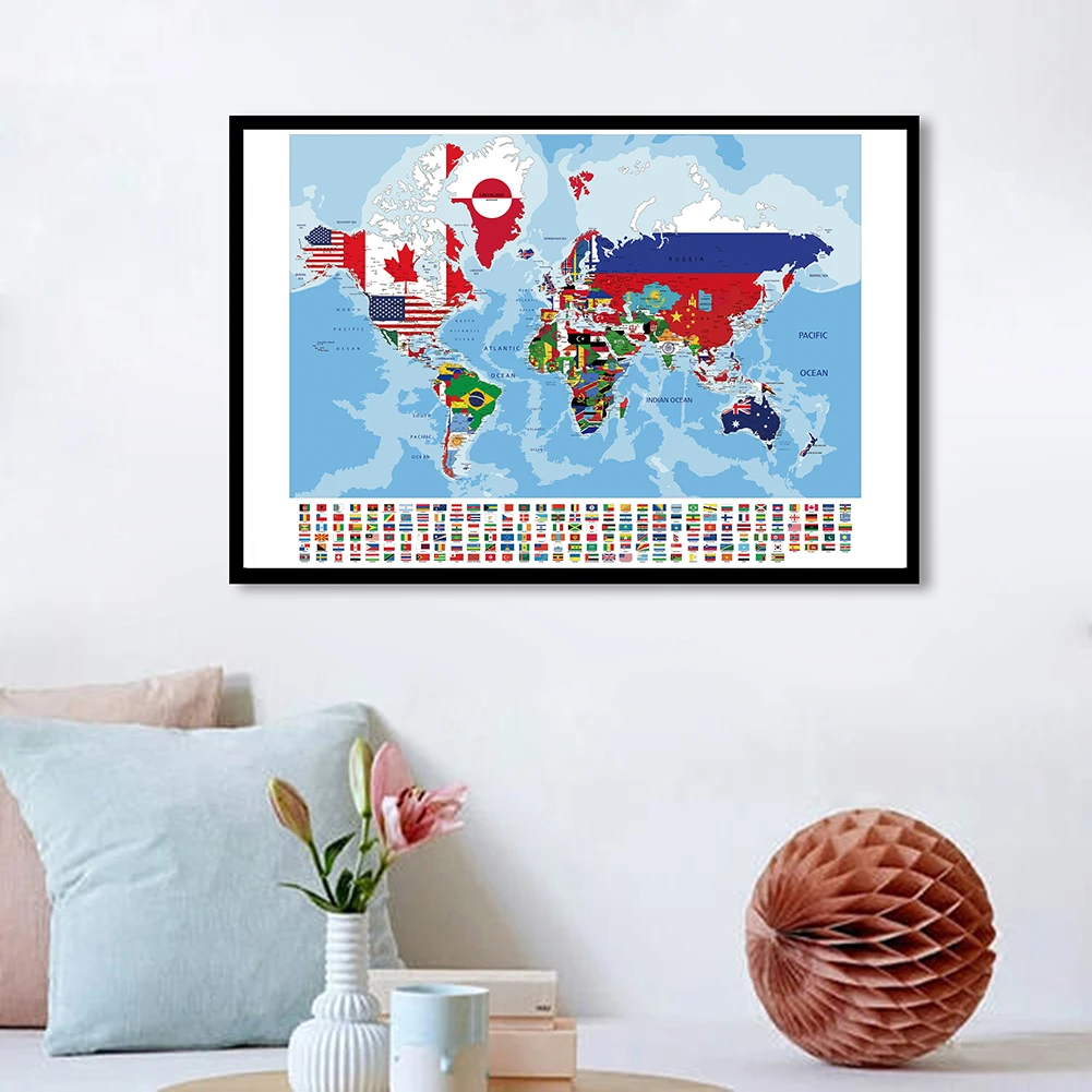 

90*60cm The Creative World Map with National Flags Retro Canvas Painting Wall Poster School Supplies Classroom Home Decor