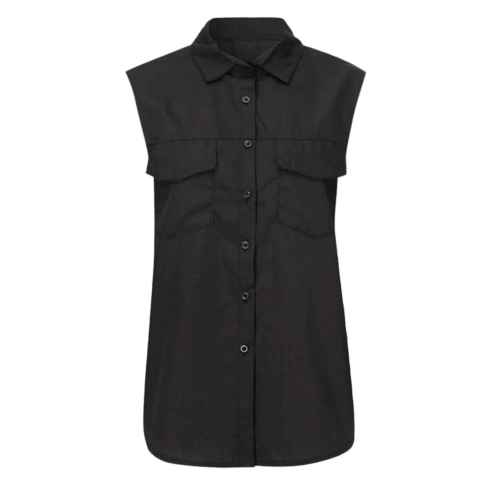 

Women's Summer Fashion Casual Solid Sleeveless Turn Down Collar Pockets Button Front Shirt Tops Plus Size Ladies Tops S-5XL