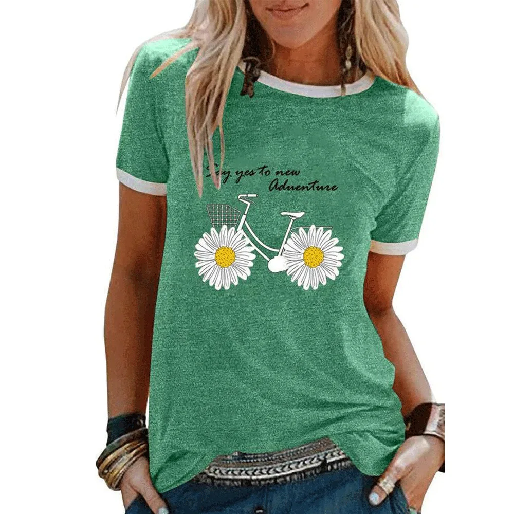 

Explosive Women's Top European and American Small Daisy Pattern Printed Round Neck Short Sleeve Ladies T-shirt Graphic Tee