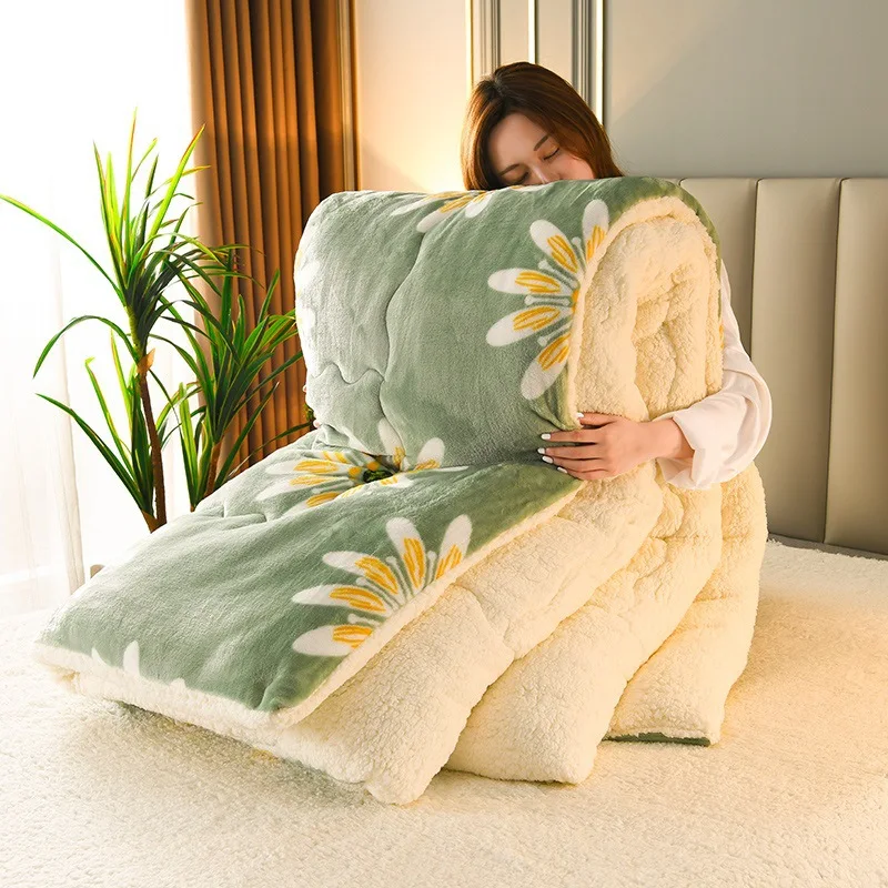 

Winter Super Warm Cashmere Quilt Thick Flannel and Lamb Double-faced Velvet Wool Blankets Quilts 3.5kg Comforter for Bed
