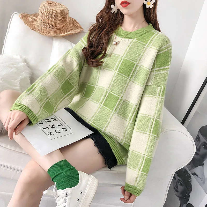 Женский клетчатый пуловер свитер для студенток Осень-зима 2020 новые свободные