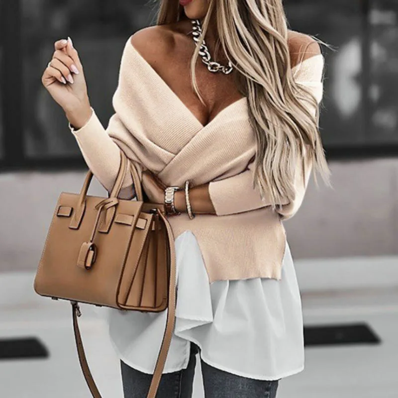 

Элегантная трикотажная рубашка в рубчик с рюшами, женская блузка с длинным рукавом, асимметричная уличная одежда, пикантные топы с V-образны...