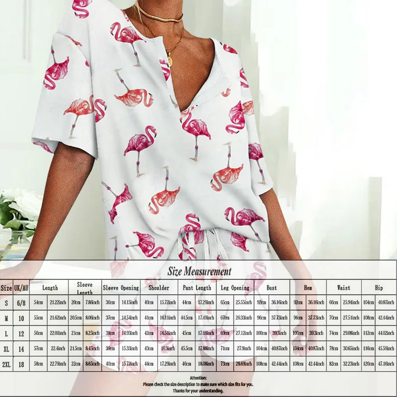 

Women Two Piece Sets Flamingo Embroidery Print Tracksuit Short Sleeve Drawstring Pajamas Set Casual Sets