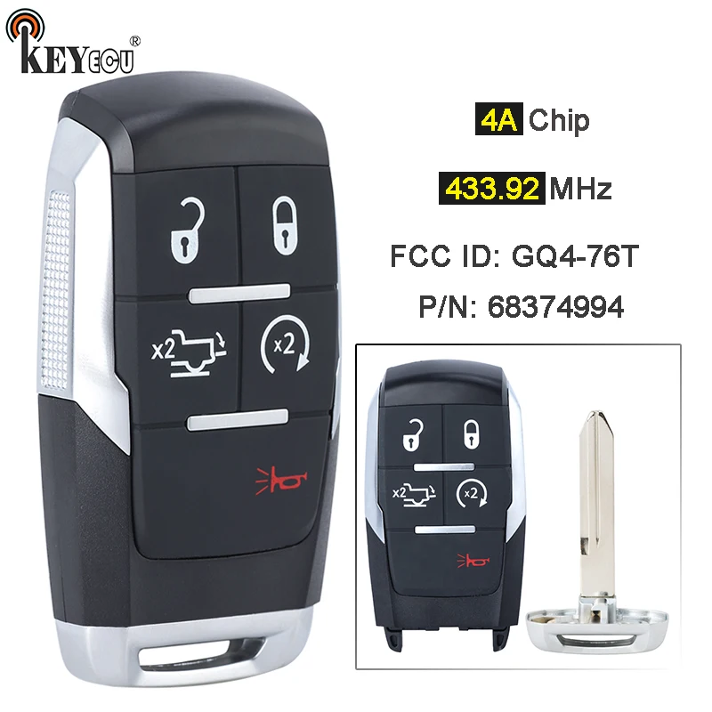 

KEYECU 433.92MHz 4A Chip FCC ID: GQ4-76T 68374994AB / AC / AD / AA Smart Remote Key Fob RAM 2500 3500 4500 5500 2019 2020 2021