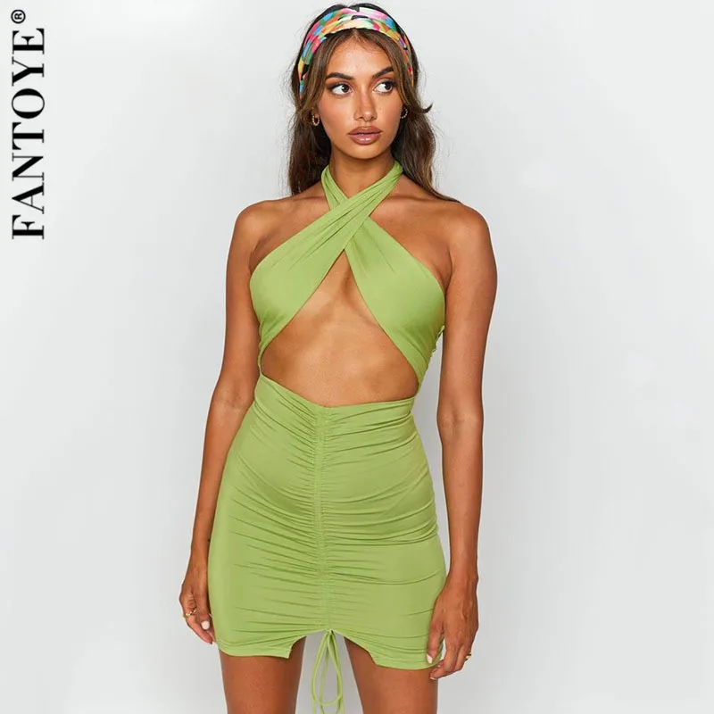 

Fantoye Sexy Off-shoulder Ruched Dress Women Green Halter Hollow Out Mini Dress Summer Backless Fashion Partywear Skinny Vestido