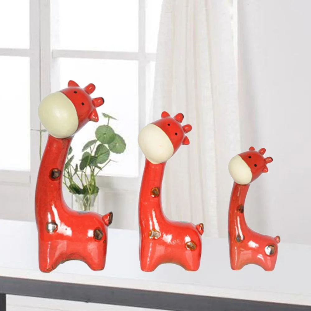 

3PCS Deer Family Ceramic Crafts Ornaments Unique Desktop Decor Chic Tabletop Adornment for Home Office (Red)