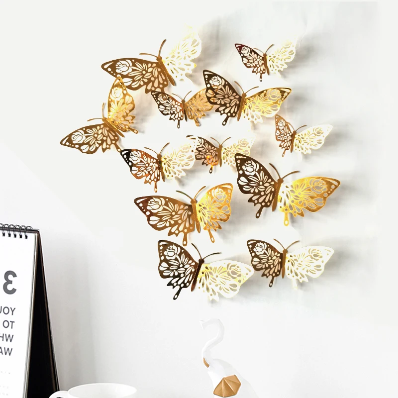 

12Pcs 3D Wall Stickers Hollow Rose Gold/Golden/Silver Butterfly Wall Stickers DIY Art Home Decor Wall Decals Wedding Decoration