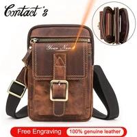 contacts vintage men shoulder bag engraving genuine leather flap small crossbody bags for men phone pocket fanny pack waist bag