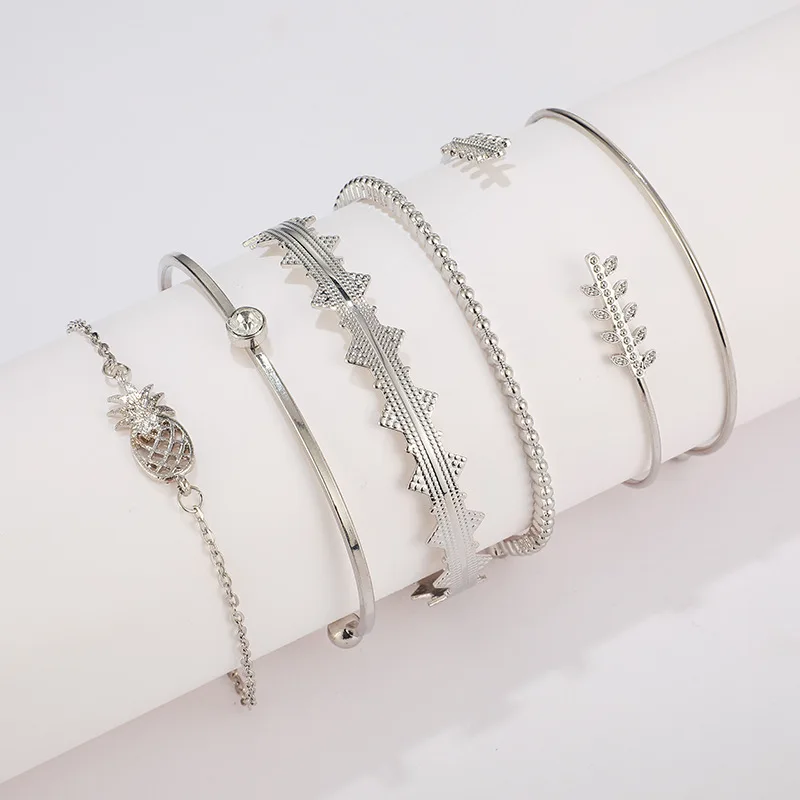 DIEZI 6pcs/set Pineapple Leaves Bracelets &amp Bangles Silver Color Bracelet Sets For Women 2019 New Bohemian Rhinestone Jewelry | Украшения