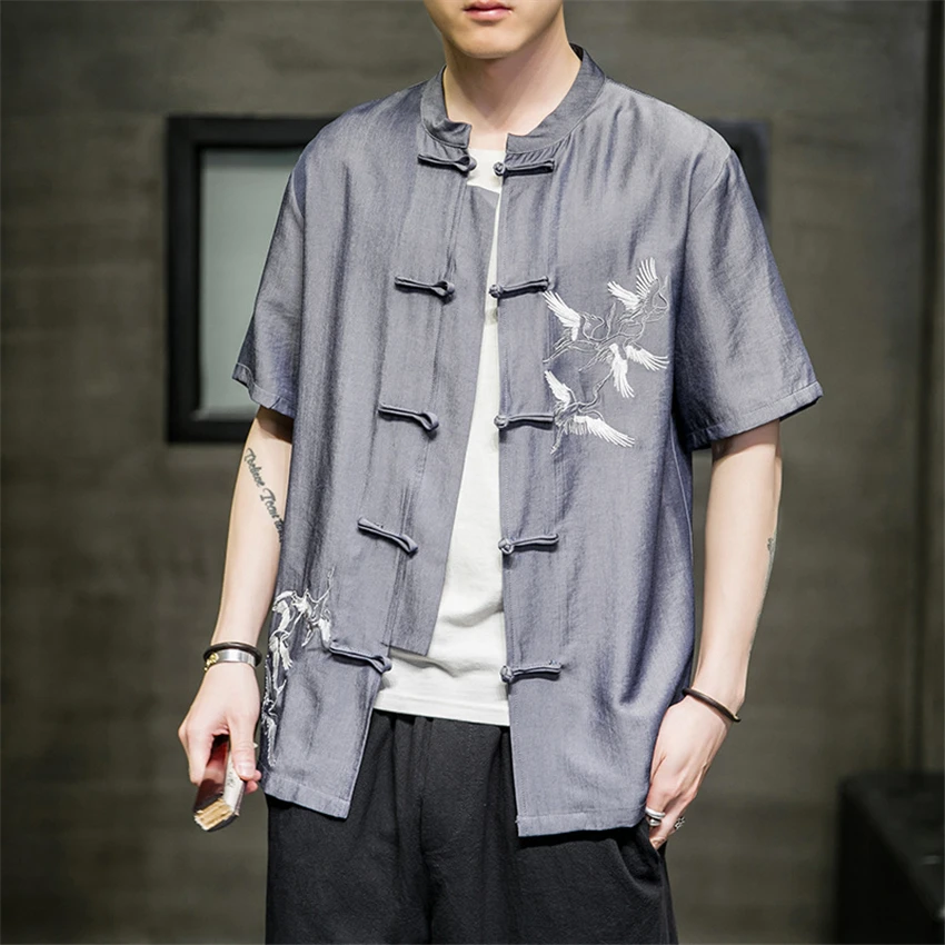 

Men Shirt Traditional Chinese Clothing Summer Top Jacket T-shirts Short Sleeve Crane Embroidery Retro Tang Suit Hanfu Male