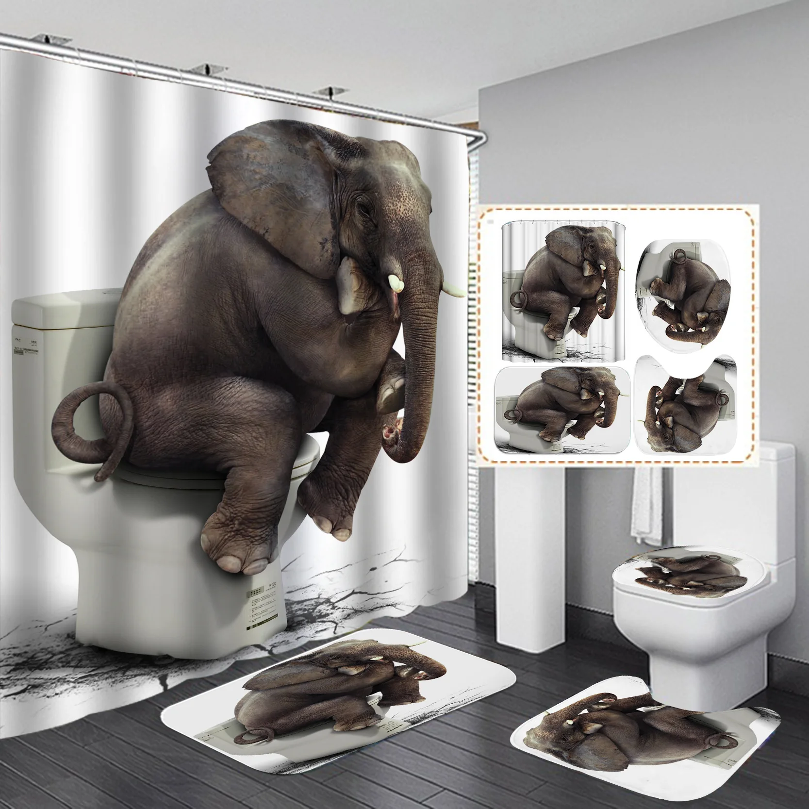 Koop Olifant Patroon Douchegordijn Set Badmatten Antislip Tapijten Wc Deksel Cover 4 Stuks Set Dier Bubble Waterdichte Badkamer Gordijn