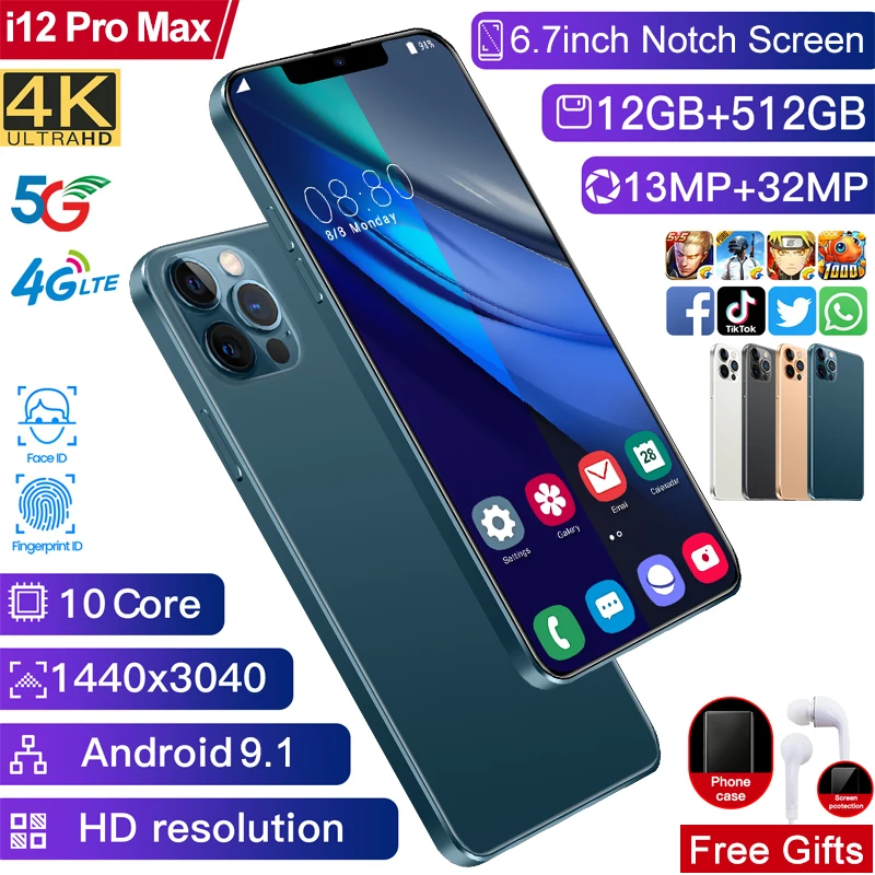 

Global i12 Pro Max 5G Real 12GB+512GB Smartphone 6.7" Notch Screen Android 9.1 4800mAh Unlocked Cellphone Mobilephone Celular