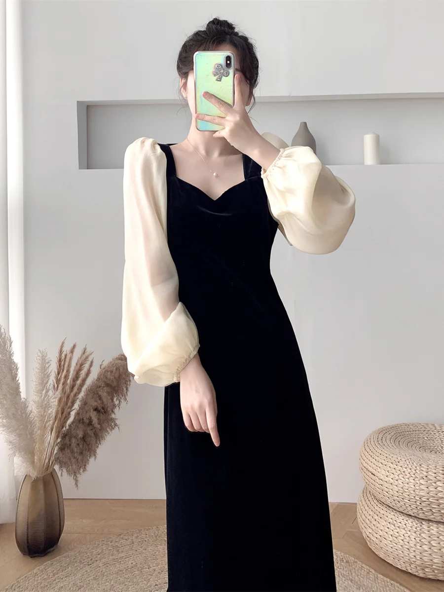 

Зимнее платье, черное бархатное платье, женское весенне-осеннее французское платье с квадратным вырезом и рукавом-пузырьком, Длинная тонка...