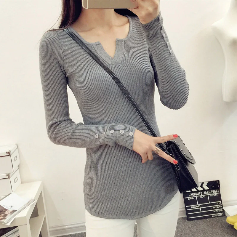 2020 New Winter Women Knitted Tops Low Cut O-Neck Slim Full Sleeves Button Pullovers Solid Sweater Female | Женская одежда