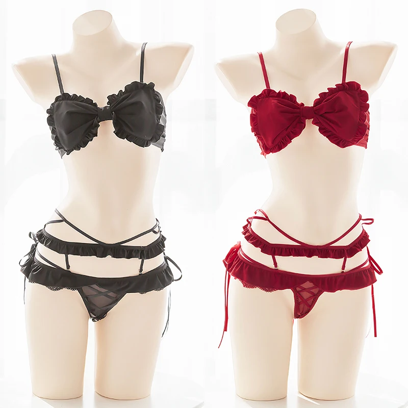 

Sweet Gift Sexy Lolita Girl Big Bowknot Underwear Set Kawaii Camisole Wrap Chest Thong Panties Rabbit Tail Bikini Suit Lingerie