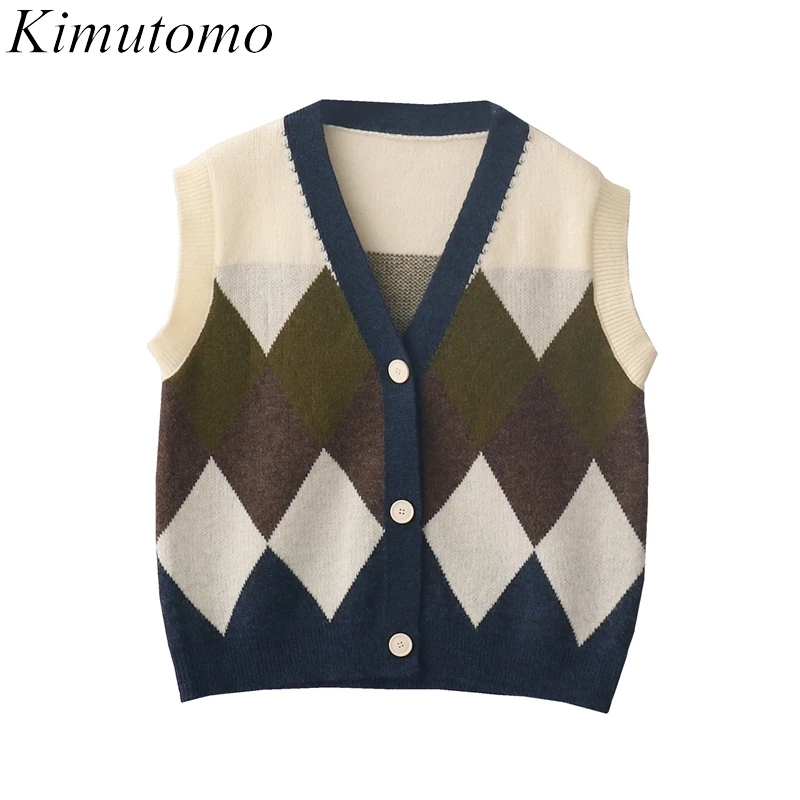 

Kimutomo French Retro Argyle Vest Women Preppy Style Contrast Color Sleeveless V-neck Knitwear Cardigan Vest Autumn Femme
