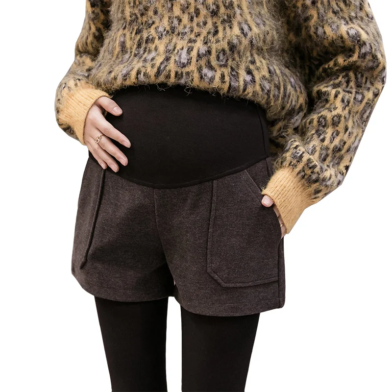 

605# Autumn Winter Woolen Maternity Shorts High Waist Belly Casual Shorts Clothes for Pregnant Women Loose Wide Leg Pregnancy