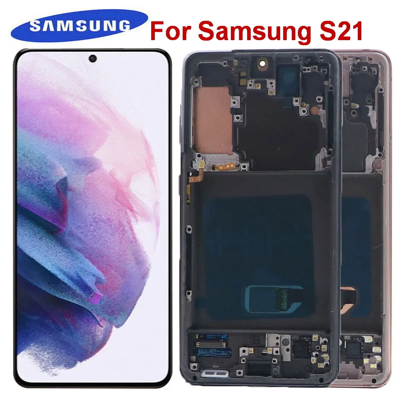 Pantalla Lcd AMOLED Original para Samsung Galaxy S21, montaje de digitalizador t&aacute;ctil con Marco, reemplazo con puntos, G991, G990F-0