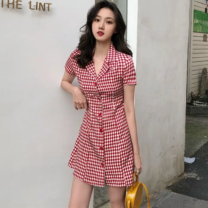 New Women Harajuku Vintage Turn-Down Collar Short Sleeve Single-Breasted Red/Black Plaided Dress Sexy Party Slim Dresses Vestido | Женская