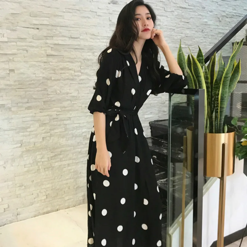 LANMREM/Новинка 2020 года шифоновое платье в горошек с отложным воротником и рукавами