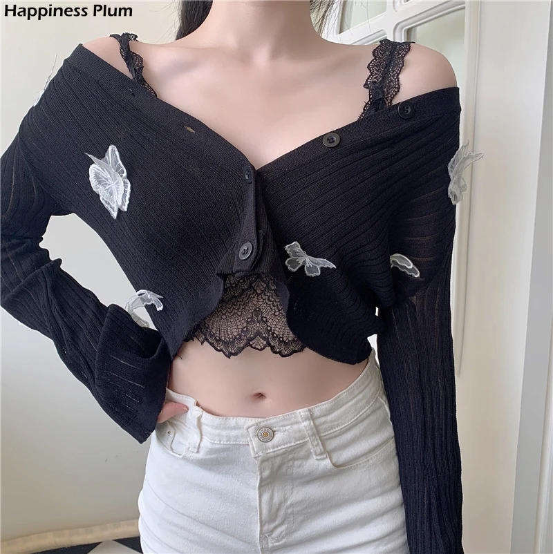 

Butterfly Knit Cardigans Women Korean Sexy V-Neck Fitness Crop Tops Ladies Summer Thin Long Sleeved Sunscreen Jackets