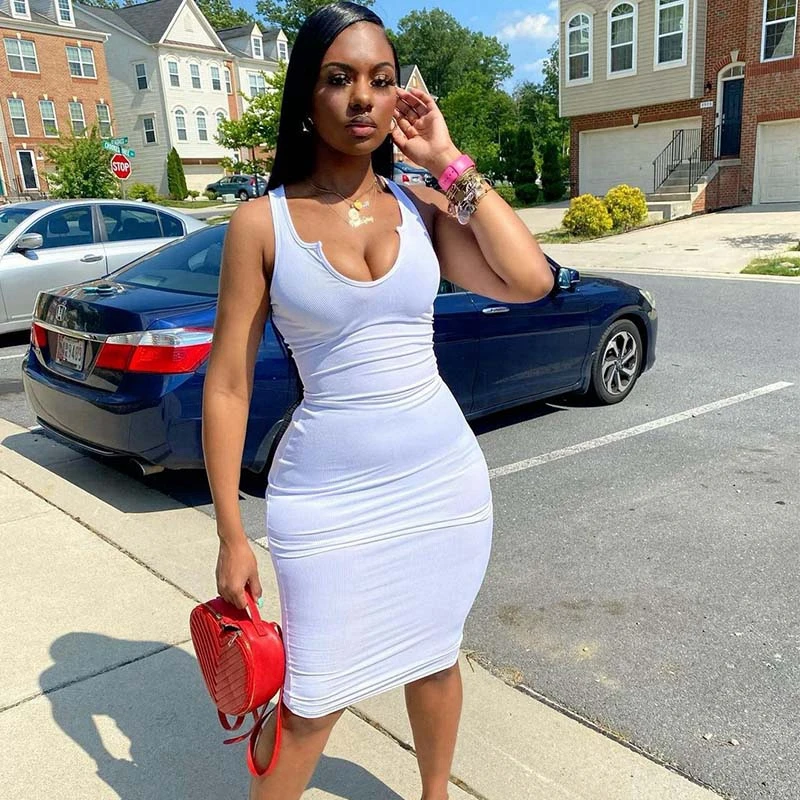 

Summer 2021 Ribbed Bodycon Midi Dress Women V Neck Streetwear Sheath Slim Solid White Casual Party Club Dresses