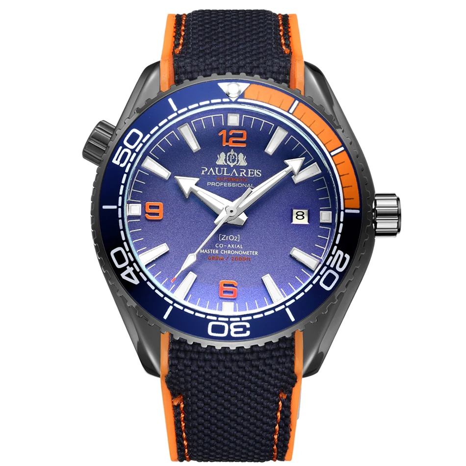 Black Orange Blue Мужские автоматические механические холщовые часы с резиновым ремешком James Bond 007, стильные оранжевые, синие, красные классические часы с вращающейся рамкой - Цвет: Black Orange Blue